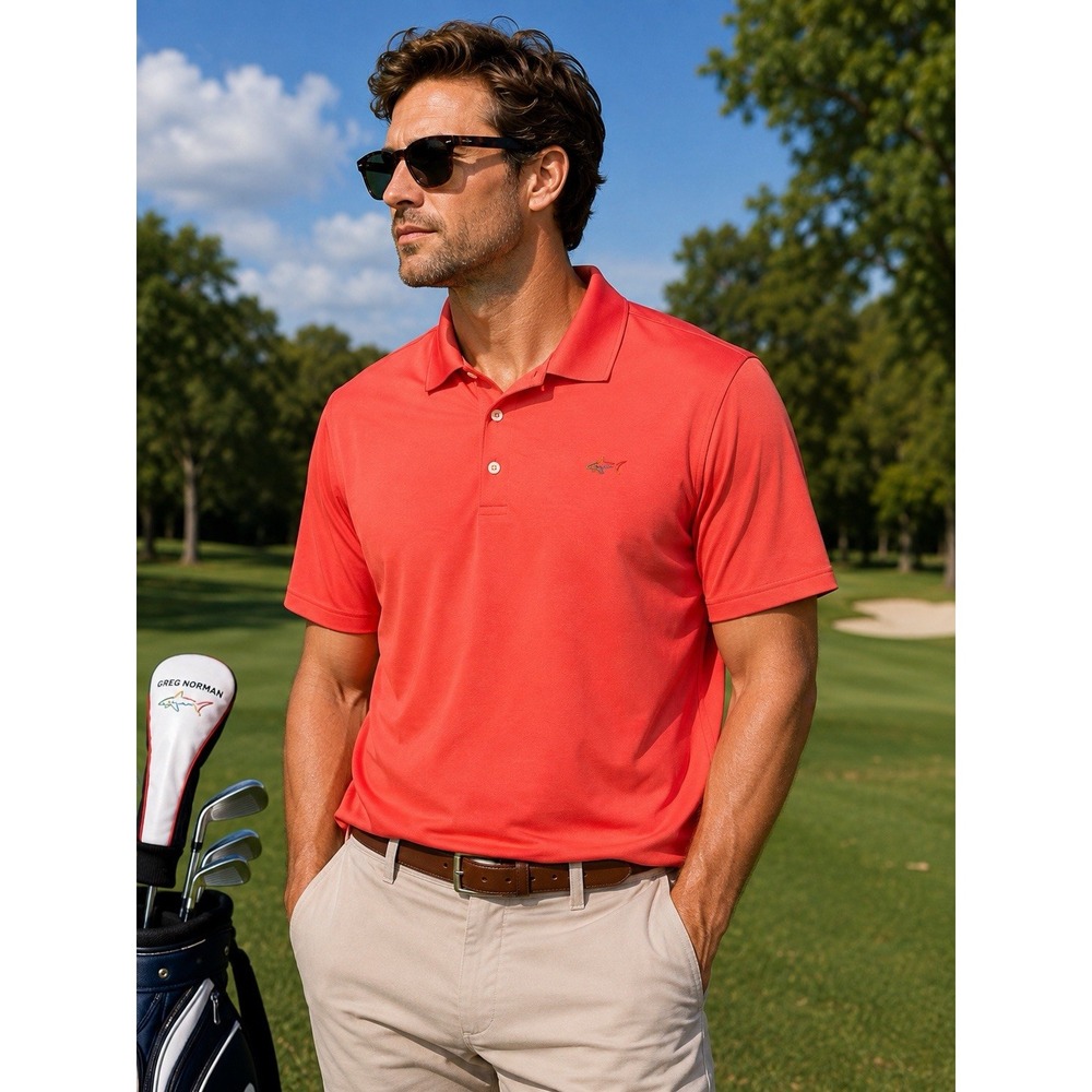Greg Norman Tasso Elba Men's M Coral Five Iron Play Dry Golf Polo Shirt